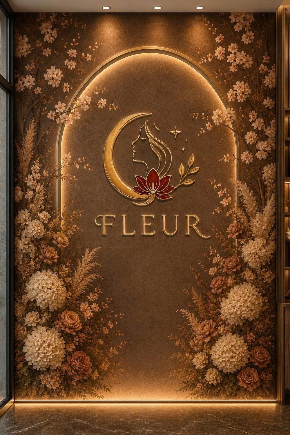 FLEUR wall art with illuminated gold moon, woman profile and red lotus surrounded by flowers