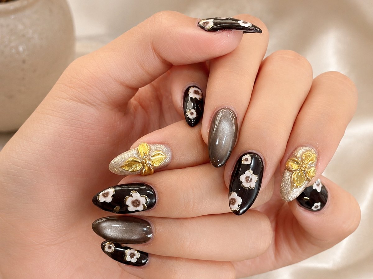 Black and gold nail art with white blossoms and golden butterfly accents