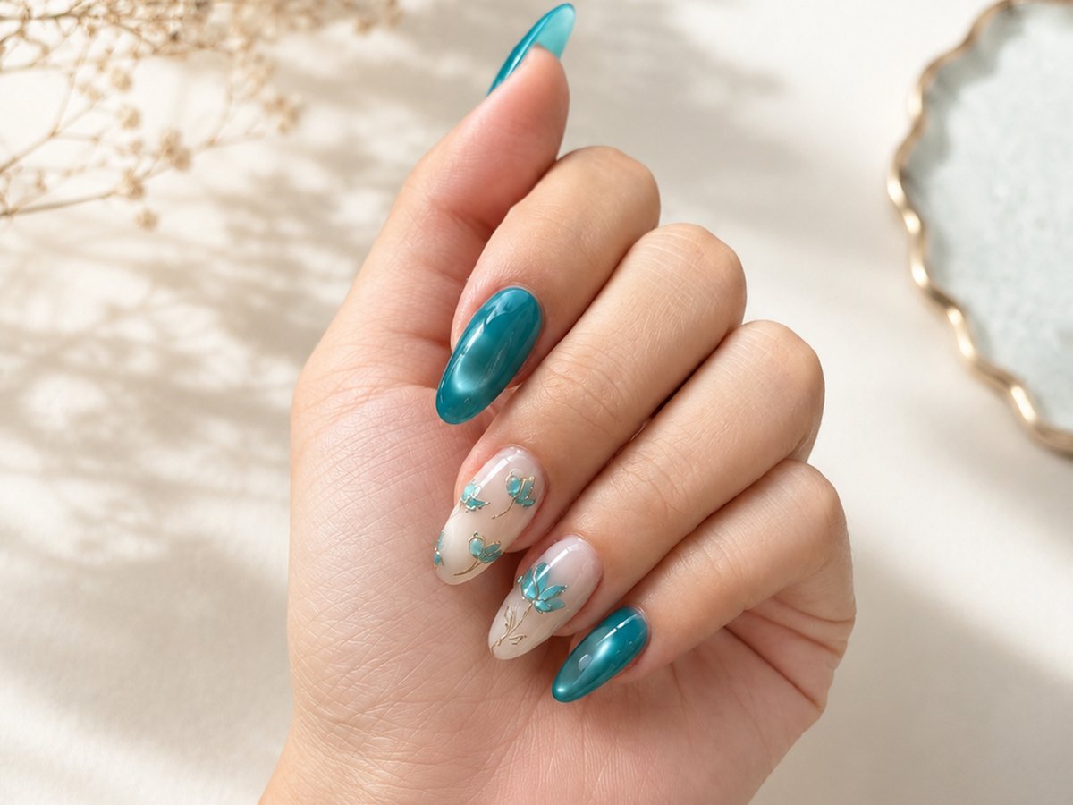 Teal chrome nails with hand-painted blue lotus flowers