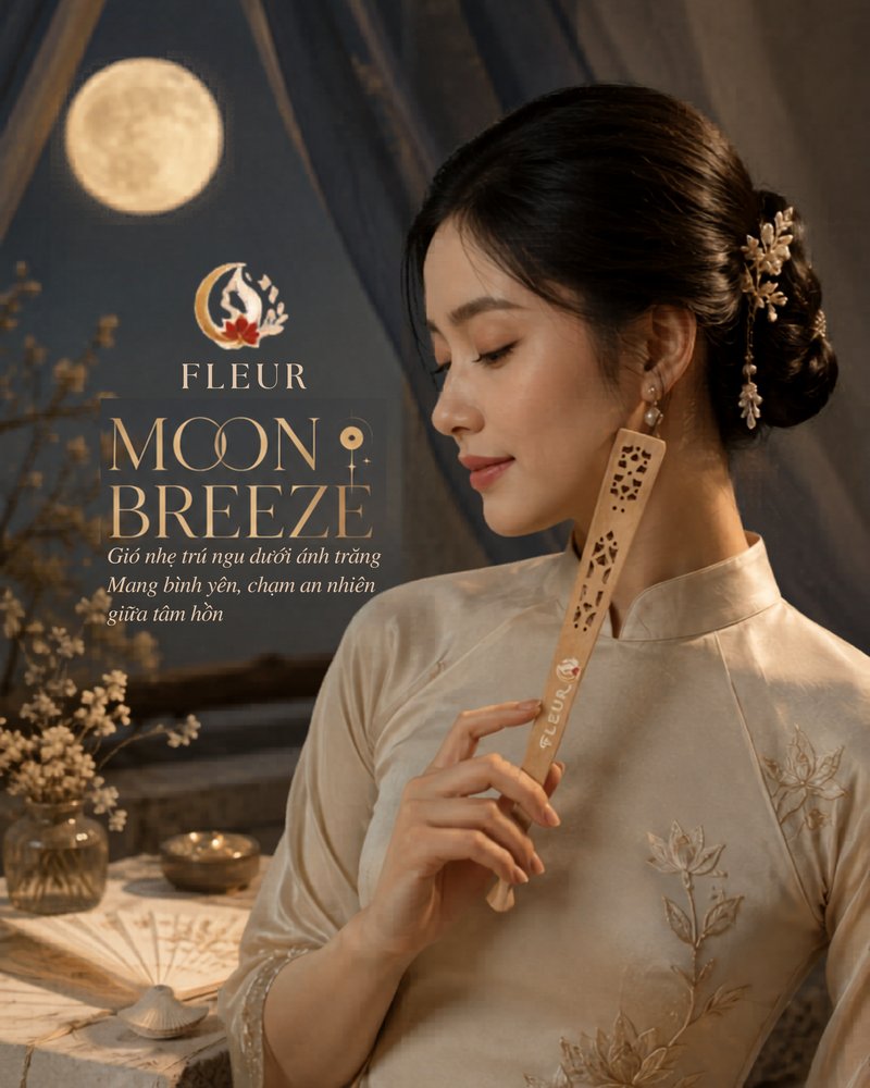 FLEUR Moon Breeze — woman in ao dai holding an engraved wooden hand fan under the moonlight