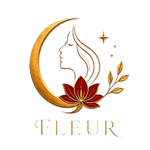 FLEUR Nails & Spa logo with moon, woman profile and red lotus flower