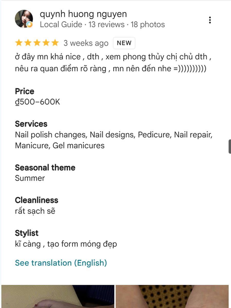 Đánh giá 5 sao trên Google của khách quynh huong nguyen về dịch vụ nail và độ sạch sẽ của Fleur