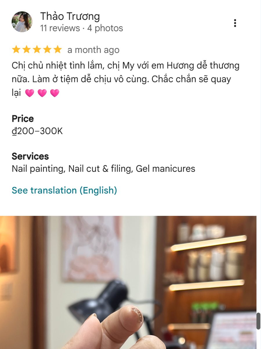 Đánh giá 5 sao trên Google của khách Thảo Trương: chủ tiệm nhiệt tình, nhân viên dễ thương, chắc chắn sẽ quay lại Fleur