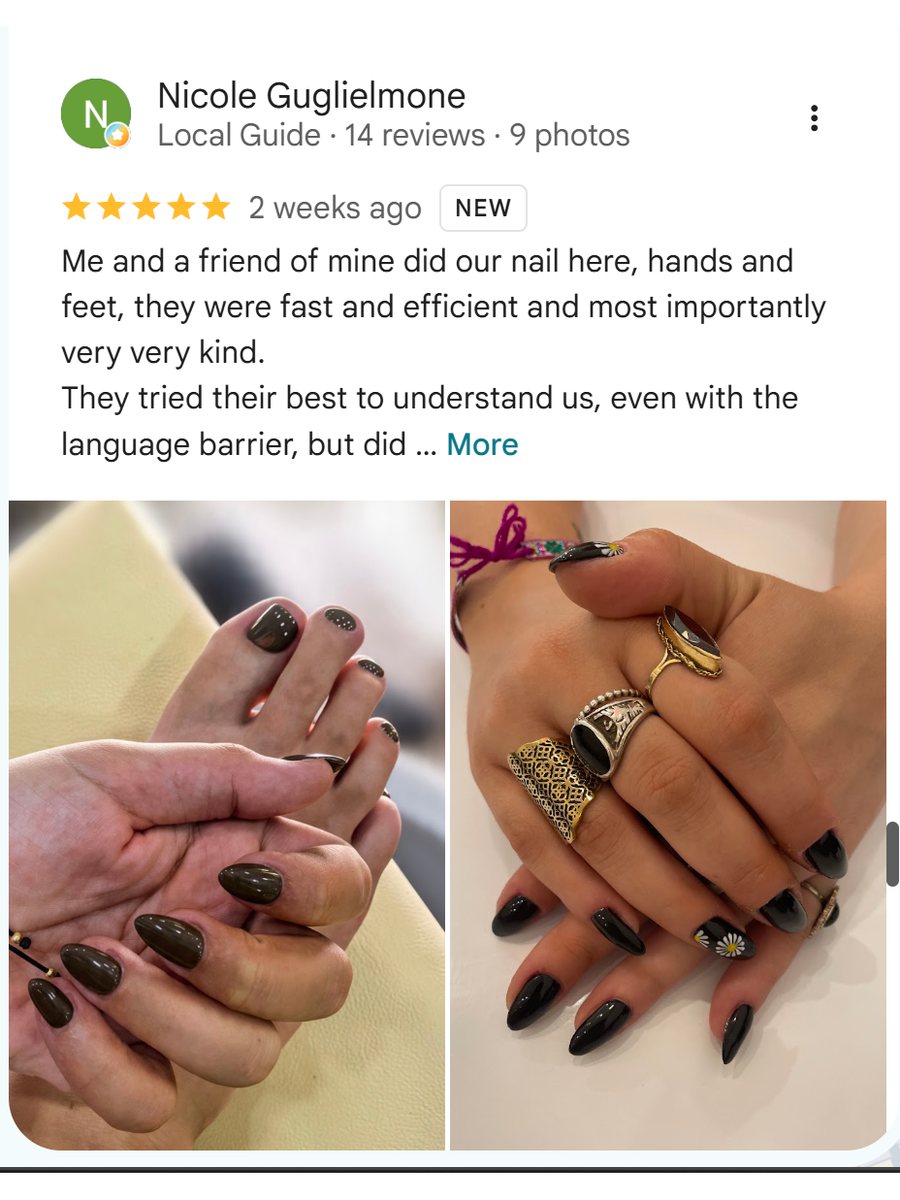 Five-star Google review from guest Nicole Guglielmone about the manicure and pedicure at Fleur