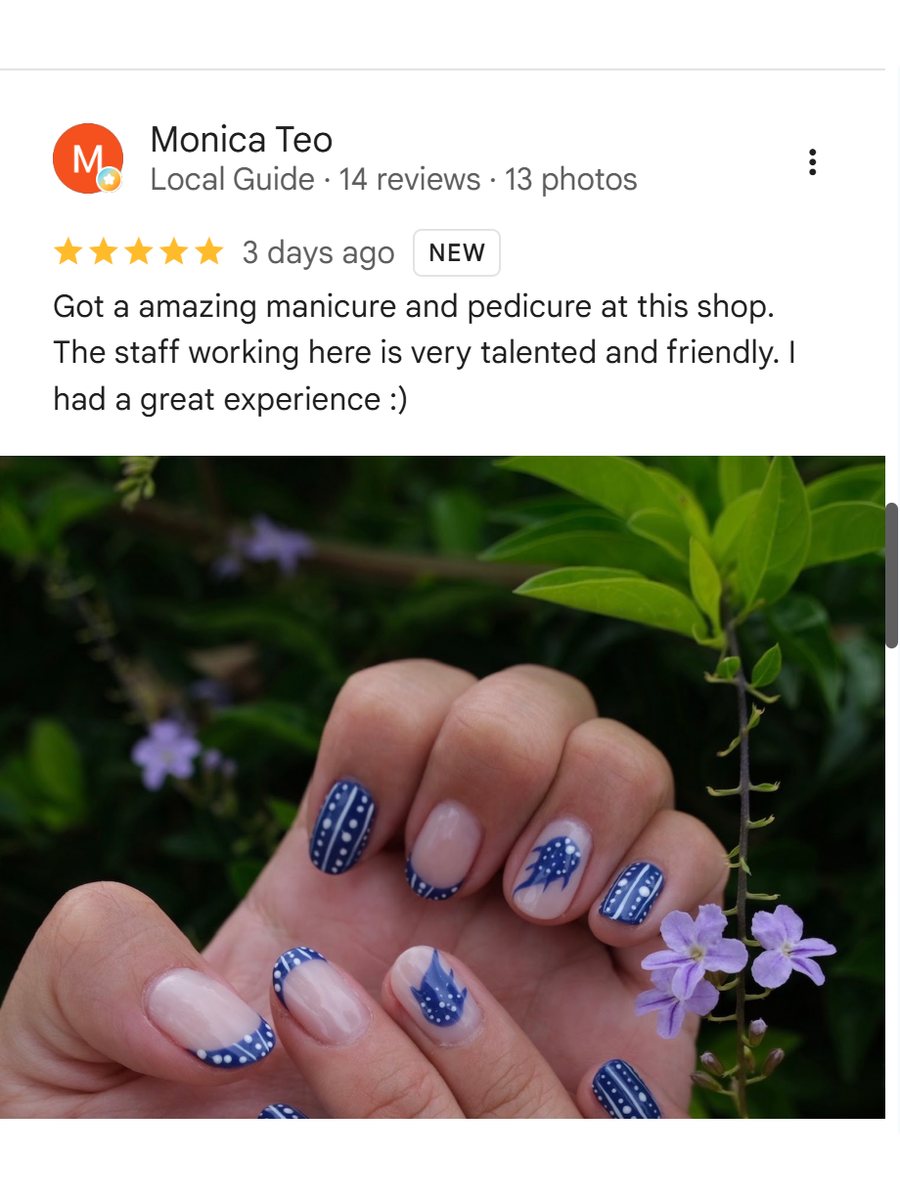 Five-star Google review from guest Monica Teo about the manicure, pedicure and friendly staff at Fleur