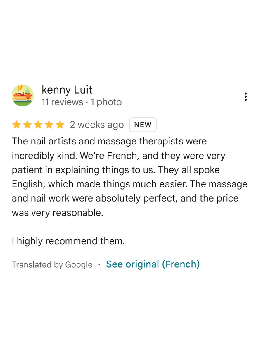 Five-star Google review from French guest kenny Luit about the nail artists and massage therapists at Fleur